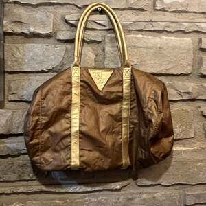 Guess Bronze Metallic Nylon Weekender Duffle Bag with Triangle Logo